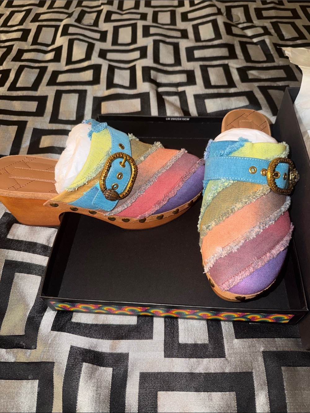 Kurt Geiger Rainbow Striped Denim Buckle Clogs